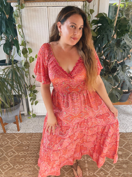 Butterfly sleeve Bohemian Maxi dress (coral)