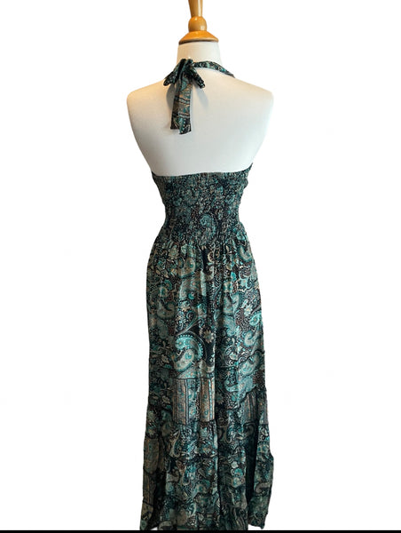 Halter Maxi Silk Dress (black n green